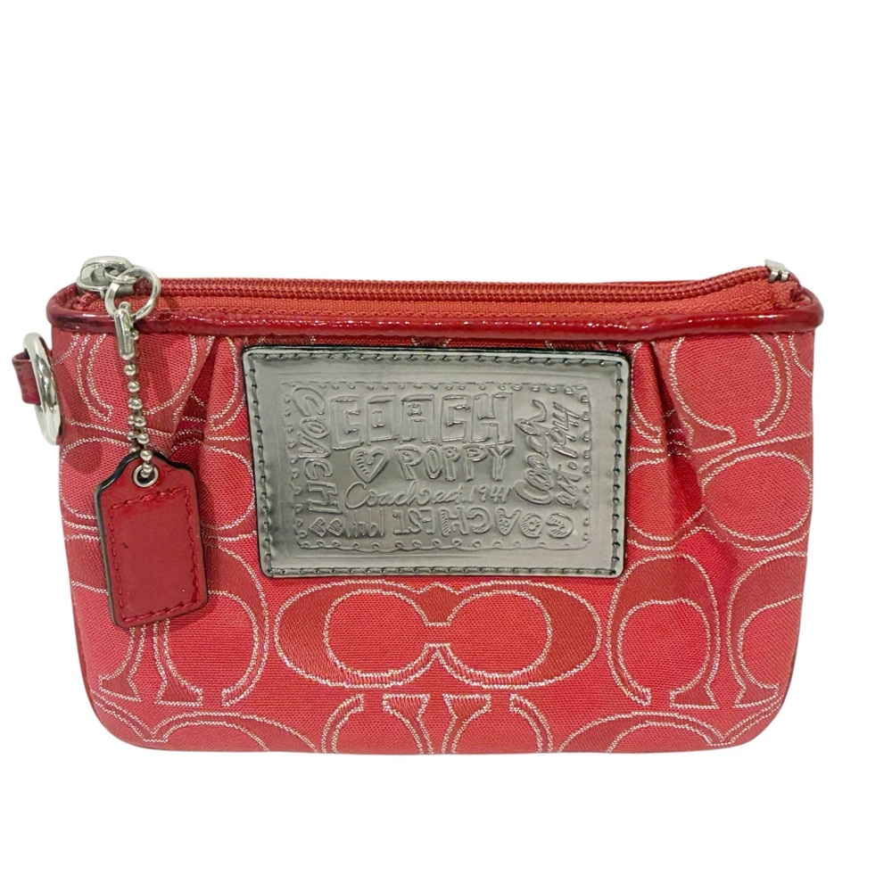 Coach Poppy Signature Red and Silver Wristlet Wallet Full Zip